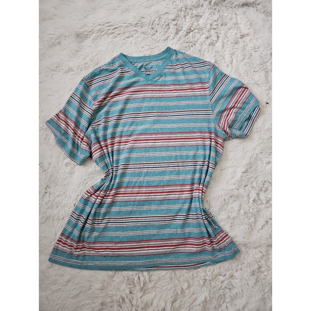 Y2K 2000s Faded Glory Heather Teal Striped Vneck T-Shirt Distressed XL - Picture 10 of 12
